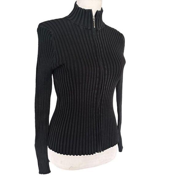 SculptureSilk Black Ridged Texture Full Front Zip Casual Jacket Sweater Shirt - Picture 2 of 5